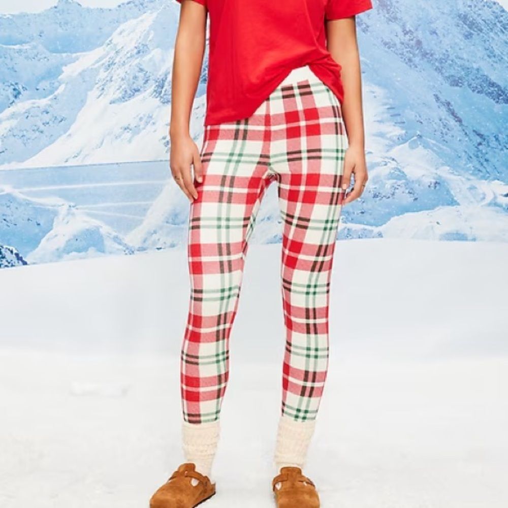 Old Navy High Waisted Waffle Pajama Leggings XL Petite Red Green Plaid NEW